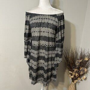 Voel Women Knit Mini Dress Off Shoulder Striped Gray White Size S Bell Sleeve